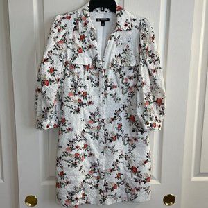 White Flower Print Dress Knee Length Size 8 Cotton Eyelet, Lined